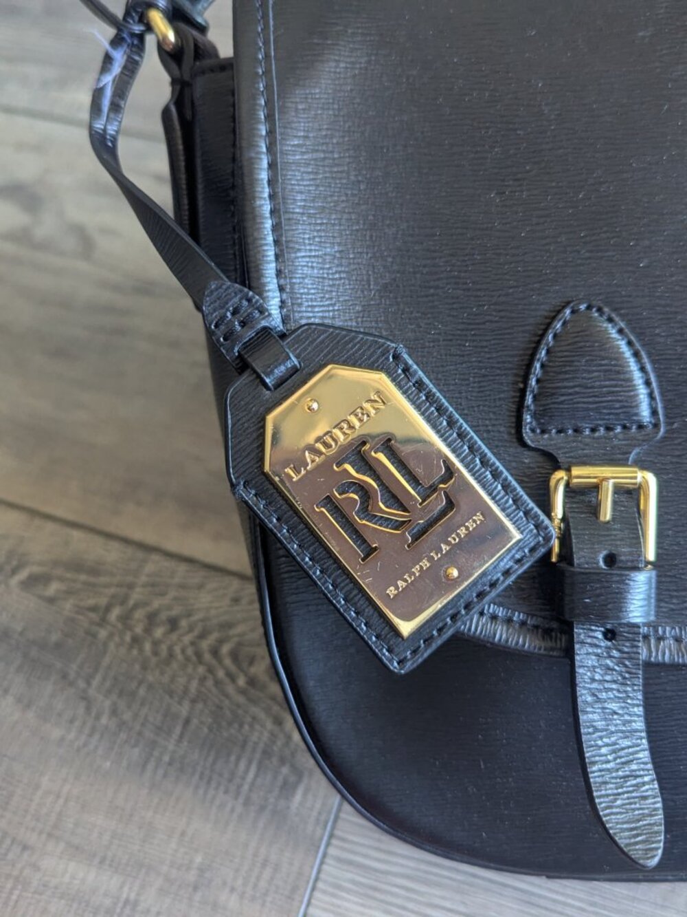 Lauren Ralph Lauren Tate Textured Leather Flap Crossbody Bag Black Gold - Picture 9 of 16